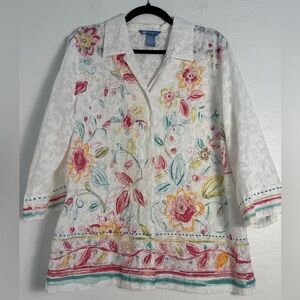 Vintage Koret Button Down Blouse Womens XL White Pink Floral Boho GrandmaCore